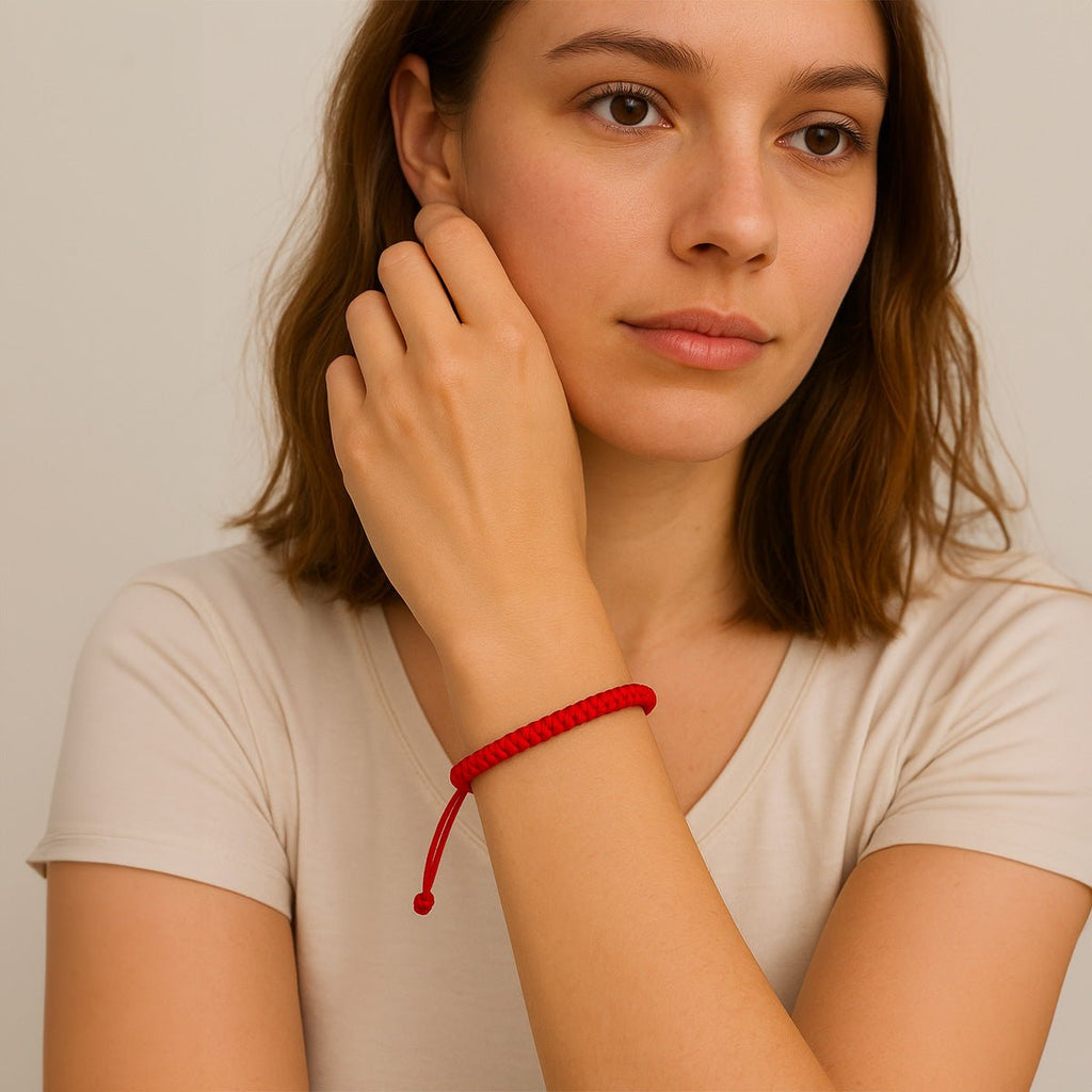 Bracelet tibétain rouge en fil ciré fin avec nœuds coulissants sur poignet féminin.