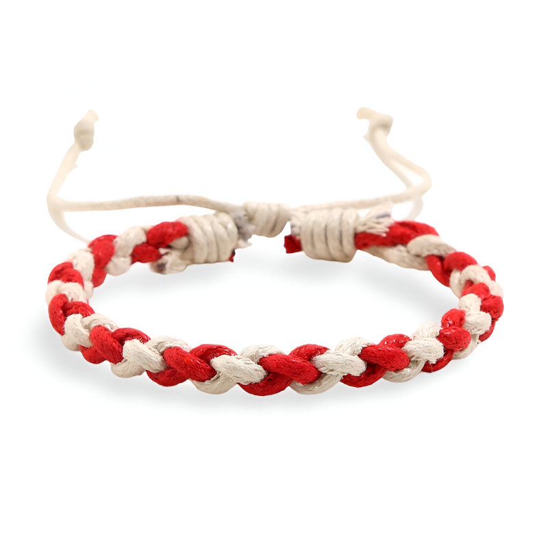 Bracelet tissé bi-colore rouge et beige avec fermeture ajustable en coton.