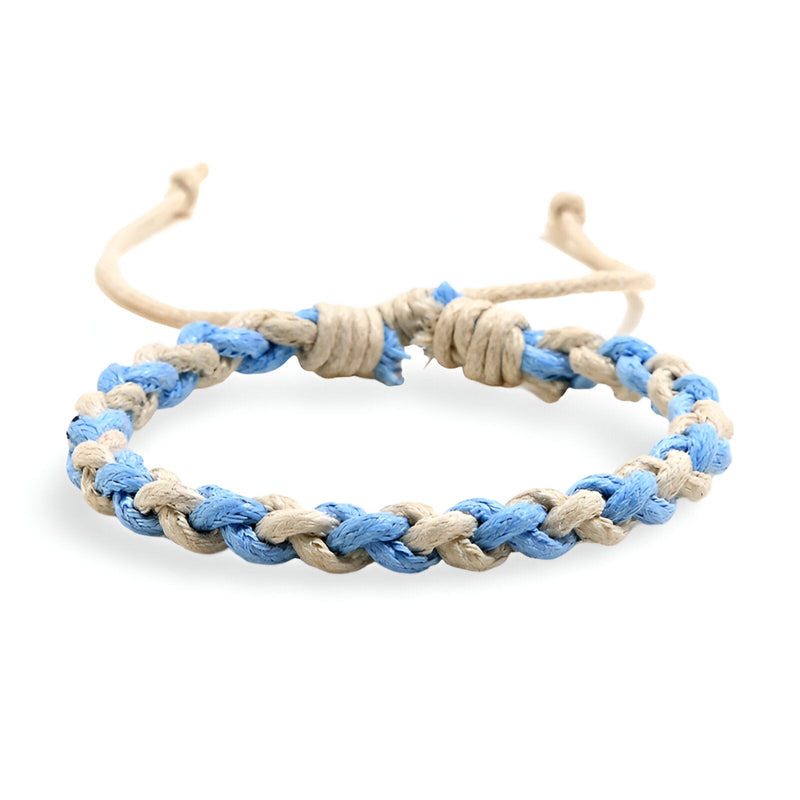 Bracelet tissé bicolore bleu clair et beige ajustable style mixte.