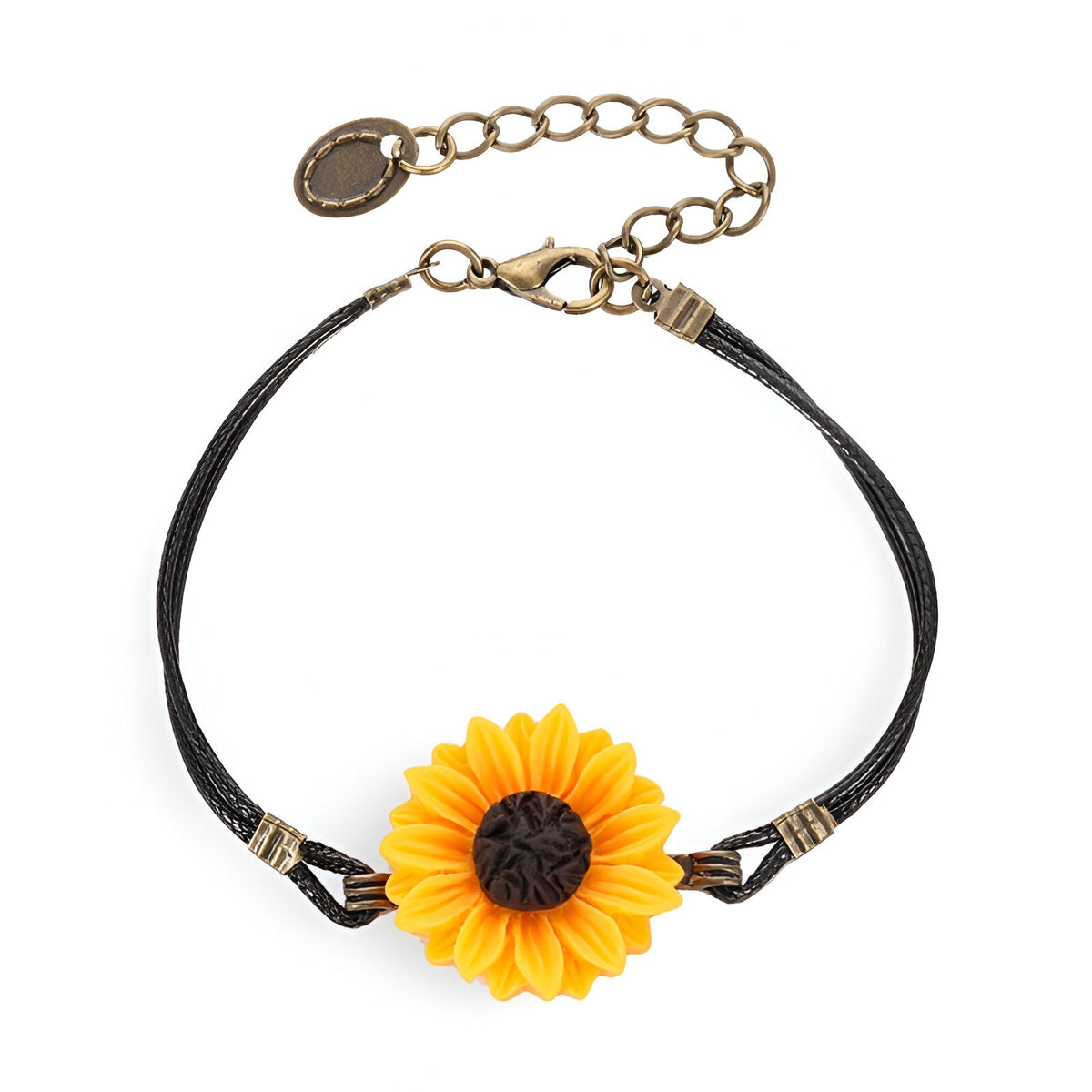 Bracelet noir en microfibre avec charme tournesol jaune vif au centre et fermoir doré ajustable.