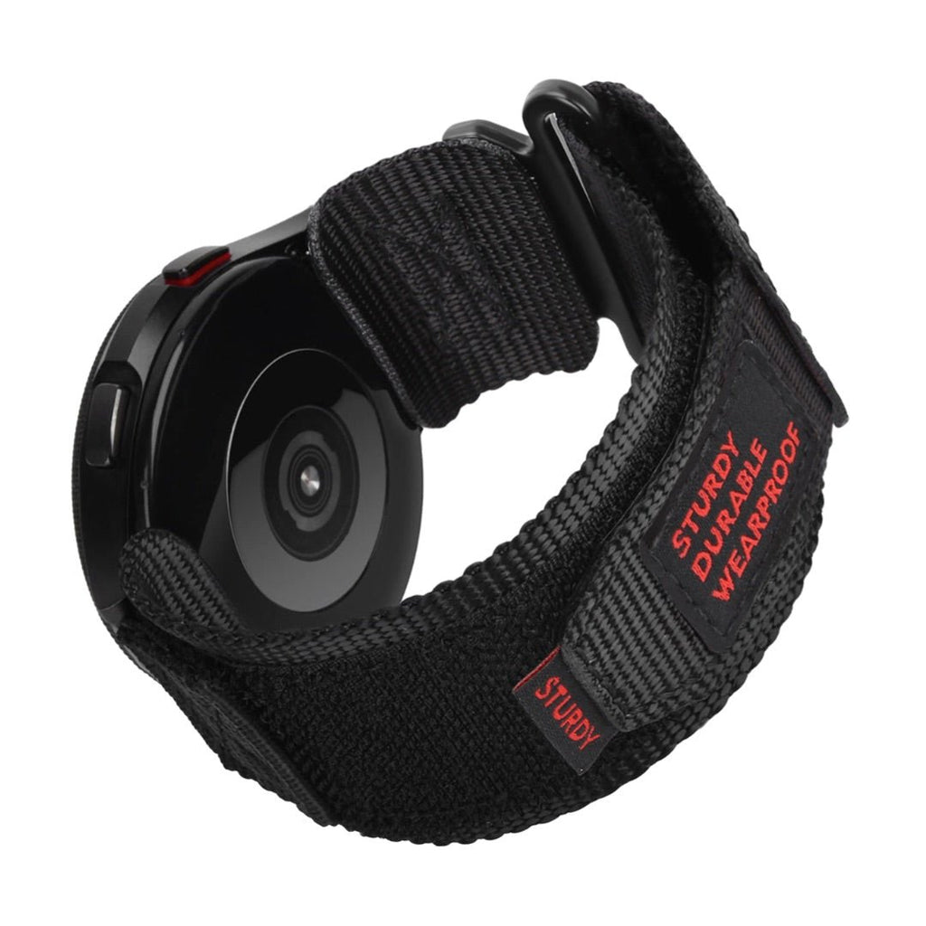 Bracelet noir en nylon avec fermoir velcro rouge pour montre connectée Samsung Galaxy Watch, modèle Arton.