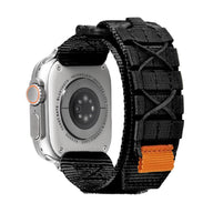 Bracelet Apple Watch noir en nylon résistant avec fermeture velcro et nœuds tactiques orange.