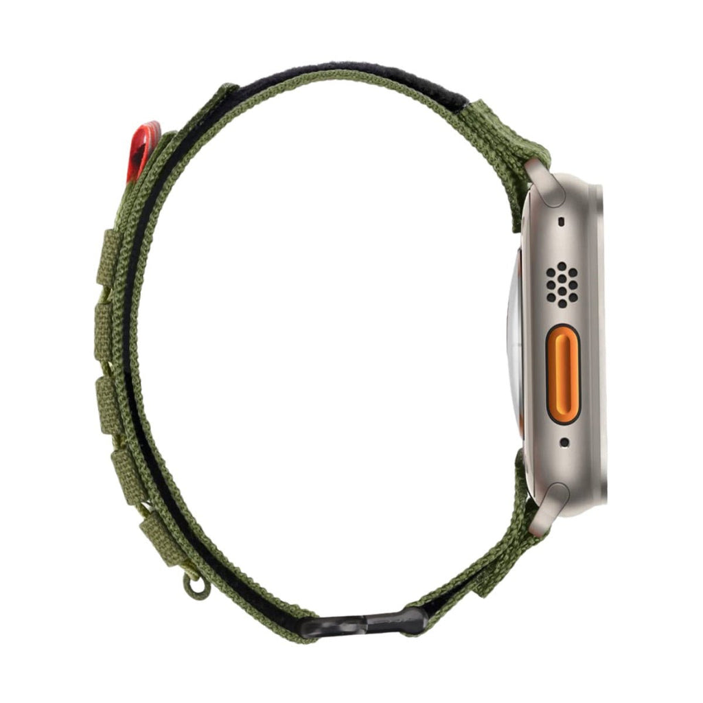 Bracelet Apple Watch nylon vert olive avec nœuds tactiques et fermeture velcro noire tendance militaire.