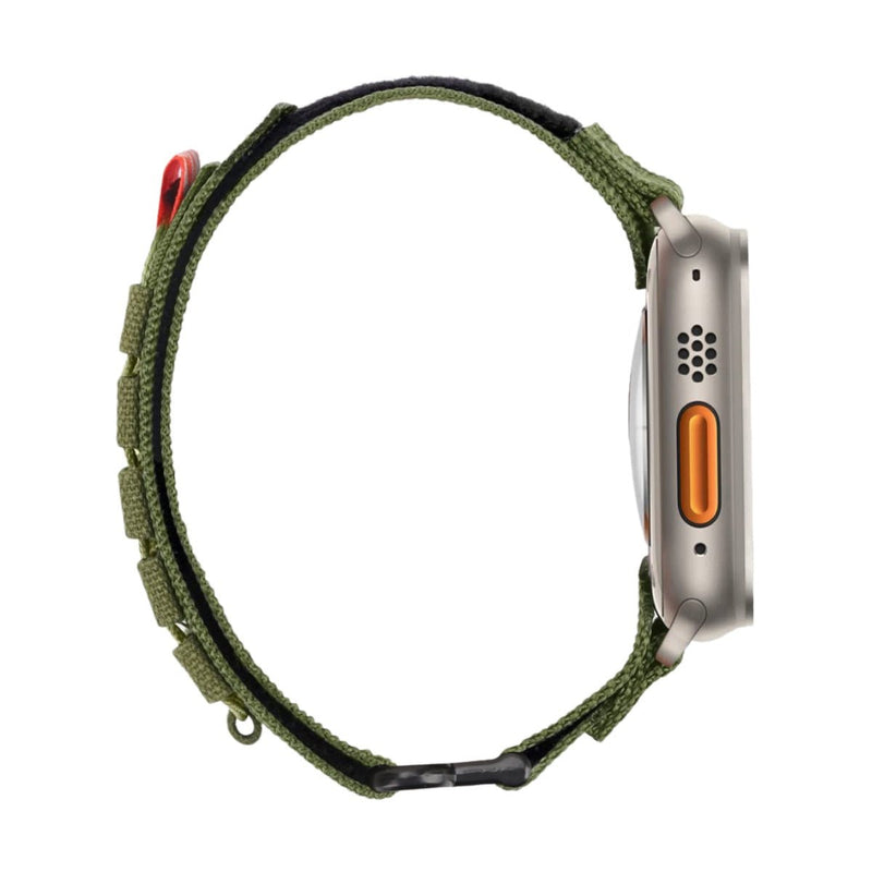 Bracelet Apple Watch nylon vert olive avec nœuds tactiques et fermeture velcro noire tendance militaire.