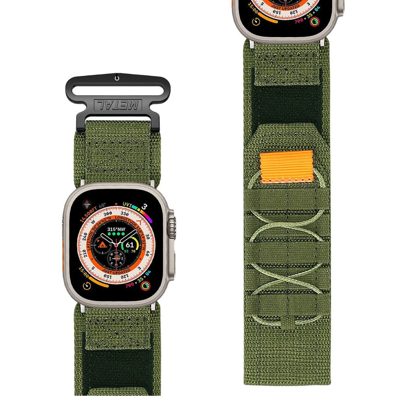 Bracelet Apple Watch Trail Edition en nylon vert militaire avec fermeture velcro et nœuds tactiques orange.
