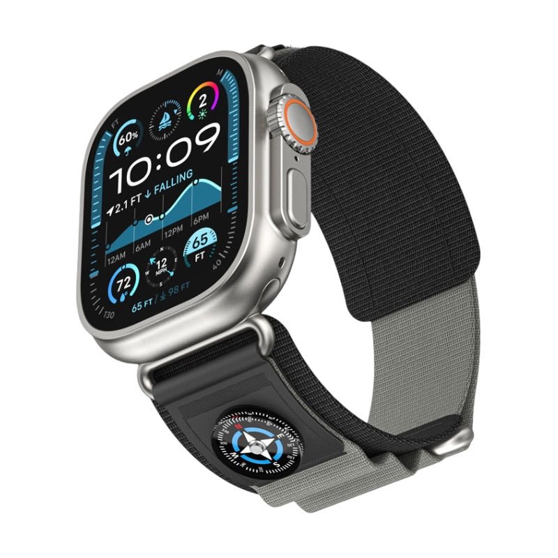 Bracelet tactique noir en nylon avec boussole intégrée pour Apple Watch acier inoxydable.