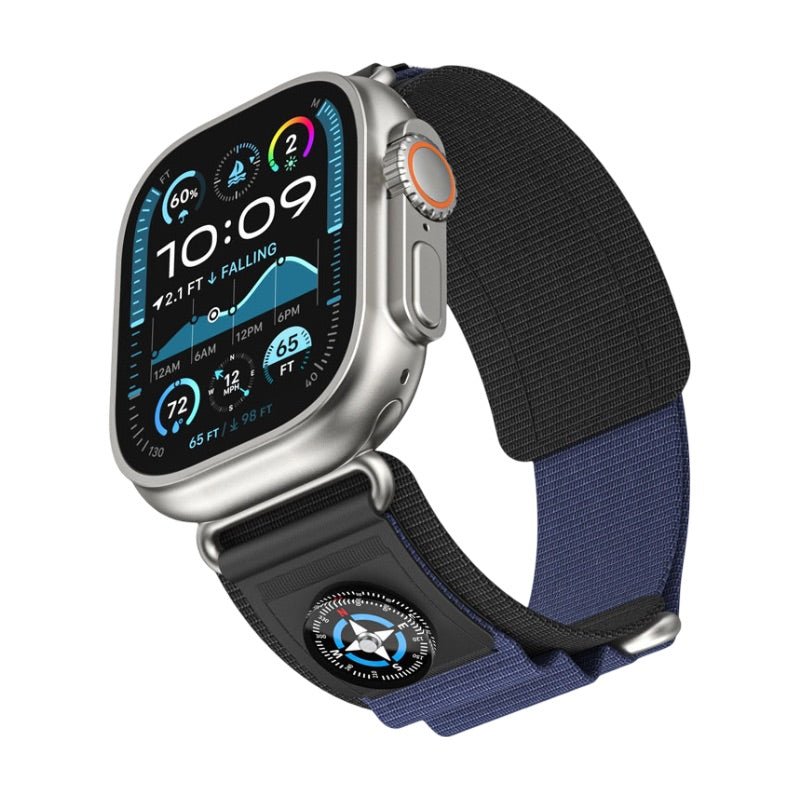 Bracelet trail tactique bleu marine en nylon avec boussole intégrée pour Apple Watch.
