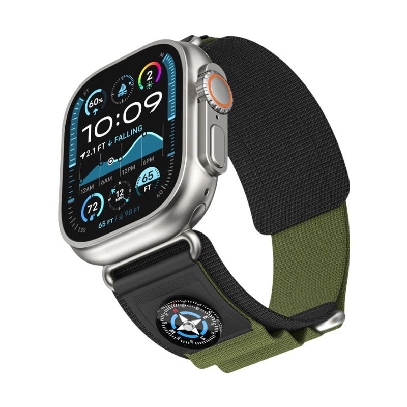 Bracelet nylon kaki et noir pour Apple Watch avec boussole intégrée, ajustable, modèle Christophe.
