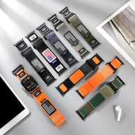 Bracelets Apple Watch en nylon, couleurs noir, gris, kaki et orange, motifs drapeau américain et rayures, ajustables.