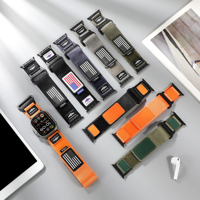 Bracelets Apple Watch en nylon, couleurs noir, gris, kaki et orange, motifs drapeau américain et rayures, ajustables.