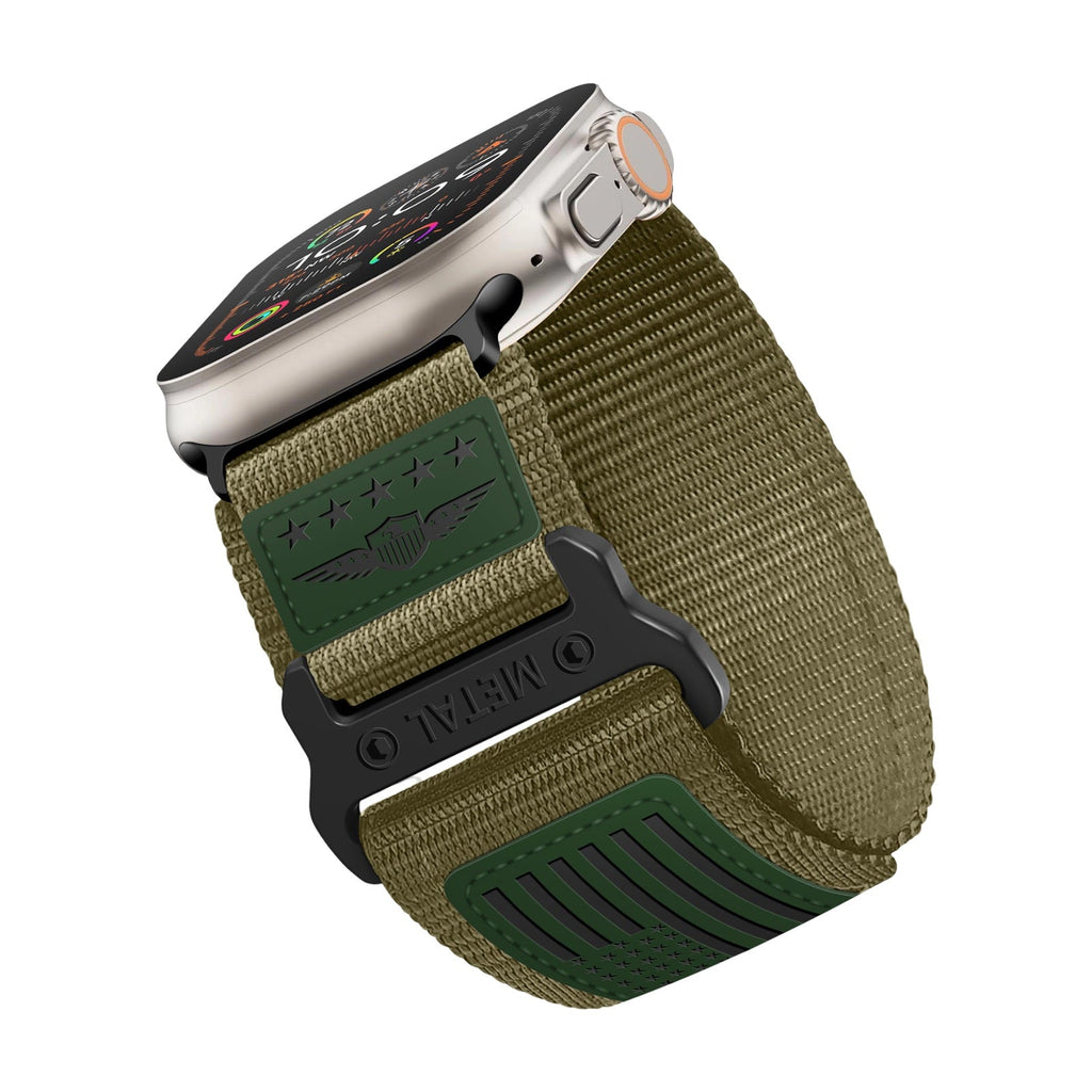 Bracelet nylon kaki ajustable avec boucle noire pour Apple Watch, modèle Vino, drapeau américain brodé.