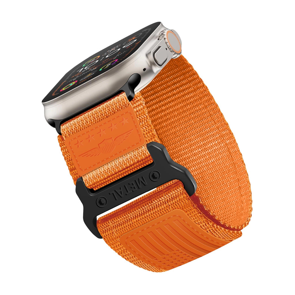 Bracelet Apple Watch en nylon orange avec boucle noire ajustable modèle Vino.