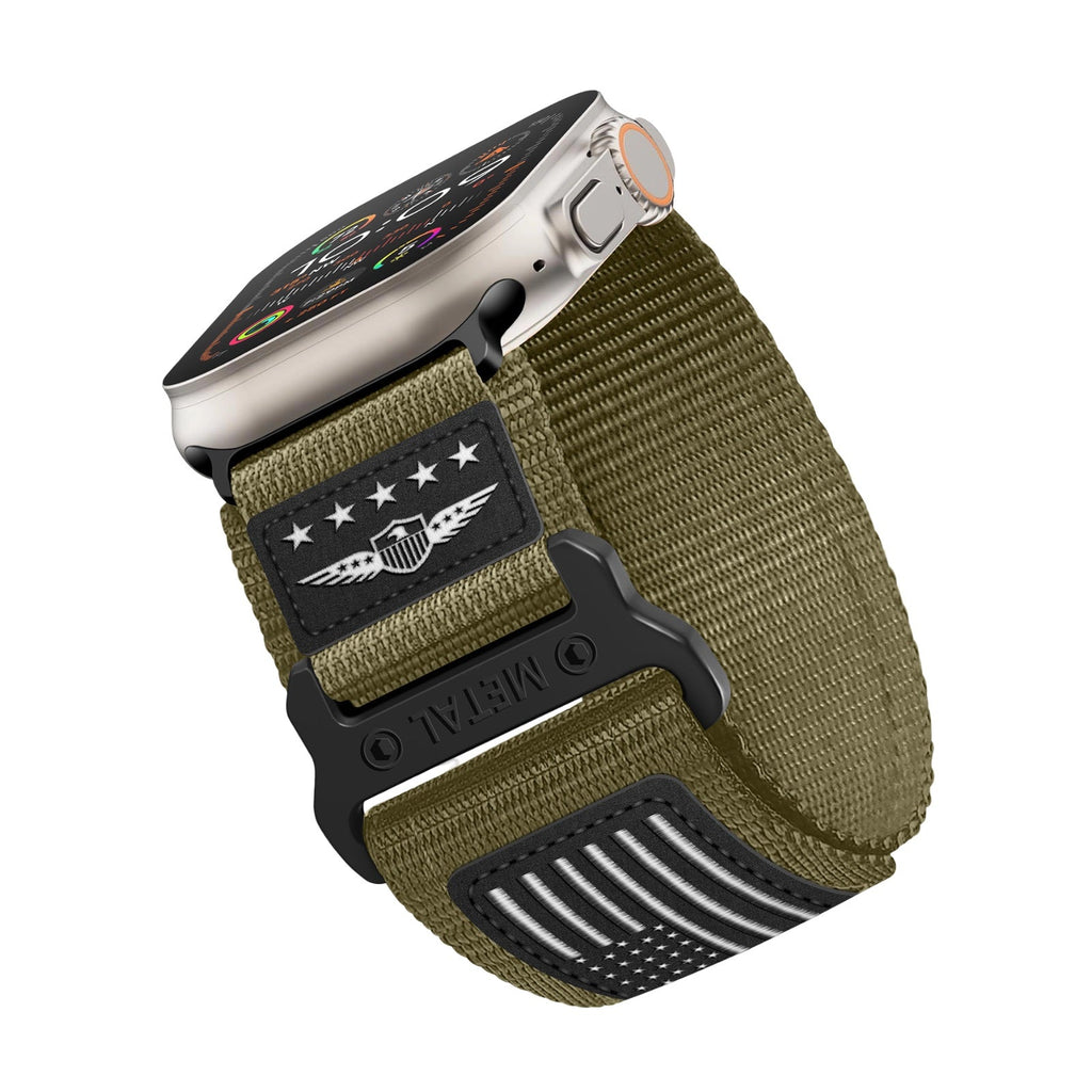 Bracelet Apple Watch en nylon kaki avec drapeau américain et boucle noire ajustable modèle Vino.