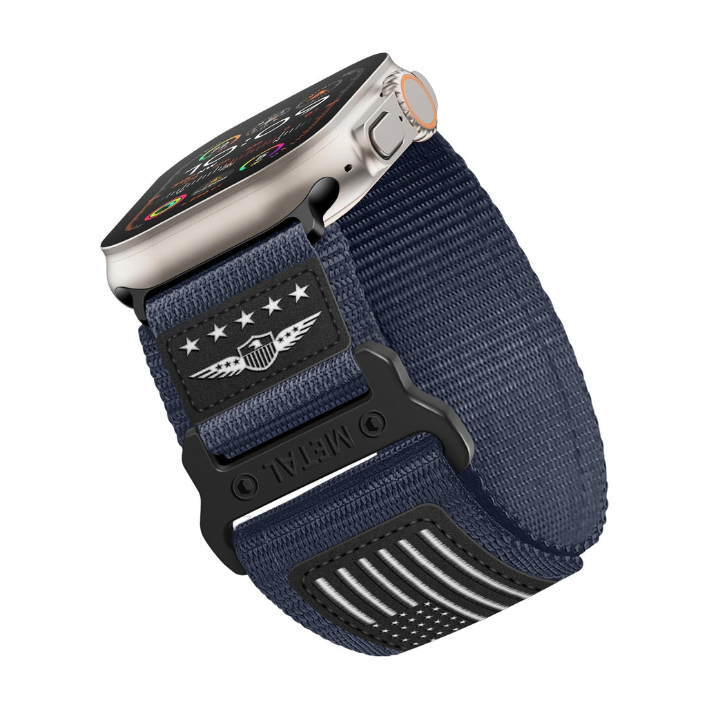 Bracelet nylon bleu marine ajustable avec drapeau américain pour Apple Watch modèle Vino.
