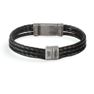 Bracelet homme en cuir noir triple cordon avec double plaques métalliques gravées style Austin.