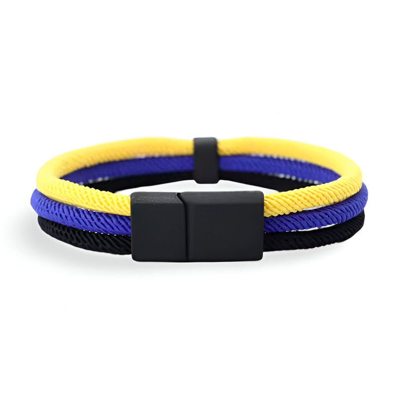 Bracelet homme triple cordons jaune et bleu avec fermoir noir mat.