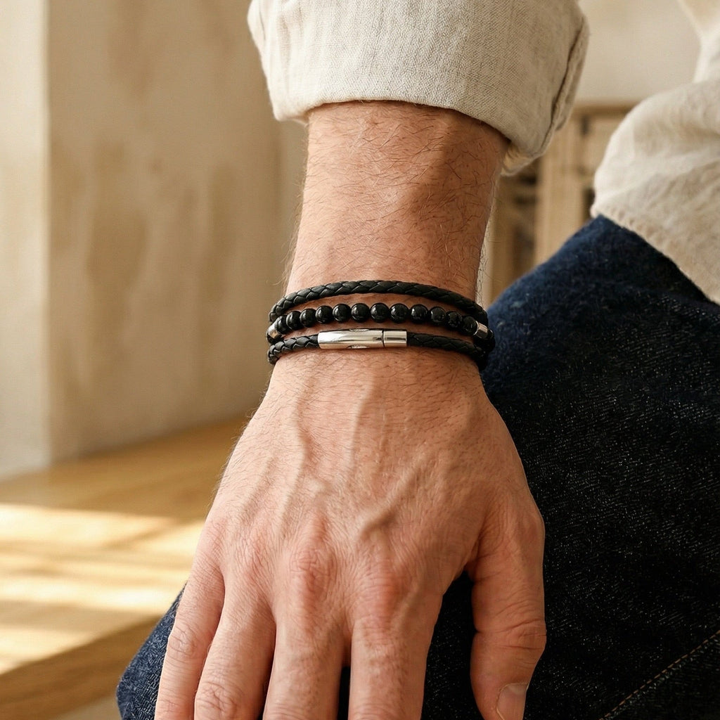 Bracelet triple rang cuir et pierres naturelle style rétro, acier inoxydable poli, accessoire masculin raffiné et distinctif, modèle Lancère