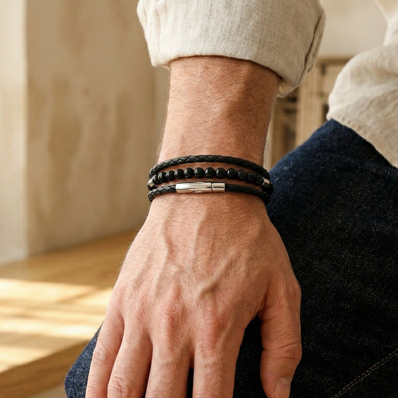 Bracelet triple rang cuir et pierres naturelle style rétro, acier inoxydable poli, accessoire masculin raffiné et distinctif, modèle Lancère