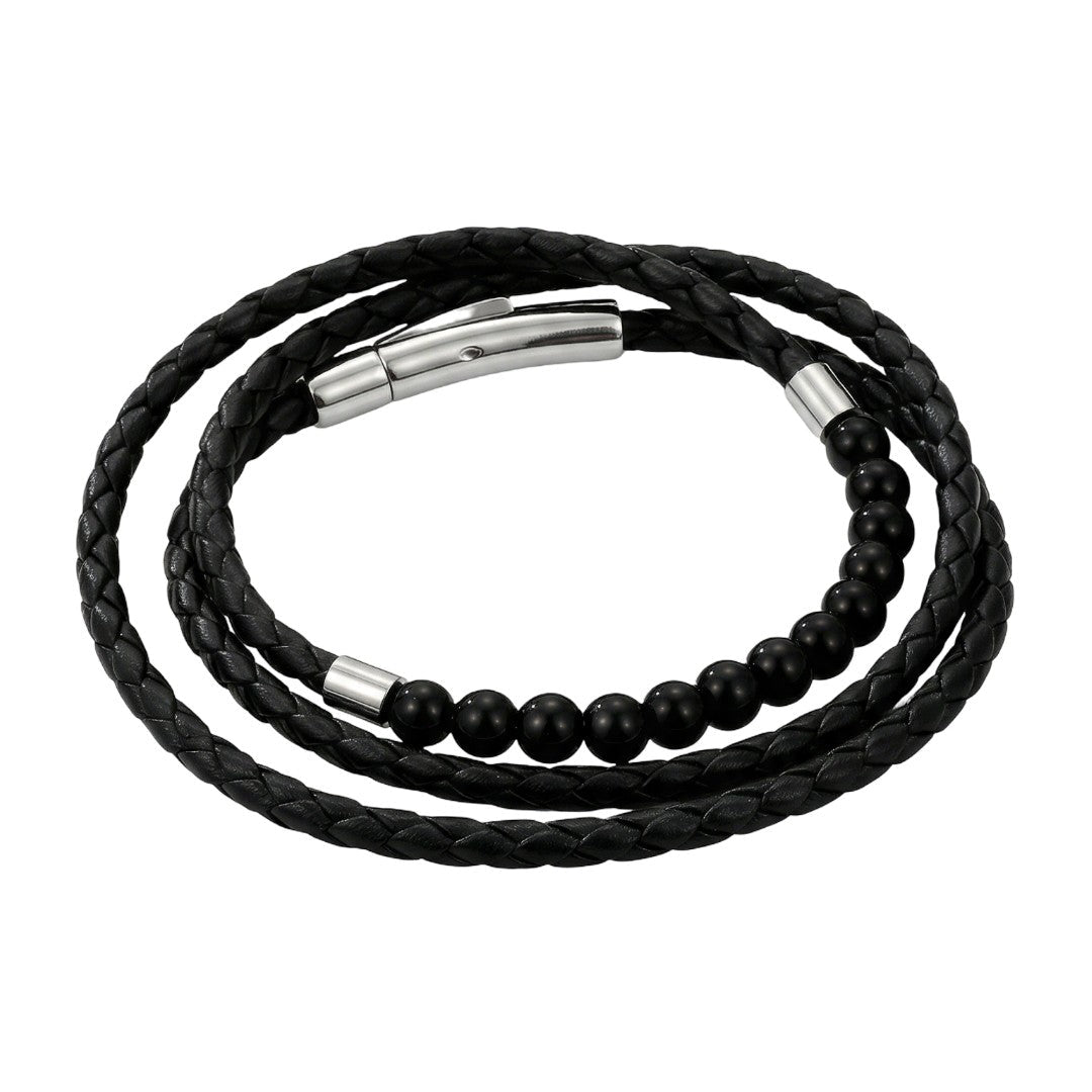 Bracelet triple rang cuir et pierres naturelle style rétro, acier inoxydable poli, accessoire masculin raffiné et distinctif, modèle Lancère