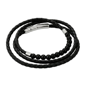 Bracelet triple rang cuir et pierres naturelle style rétro, acier inoxydable poli, accessoire masculin raffiné et distinctif, modèle Lancère