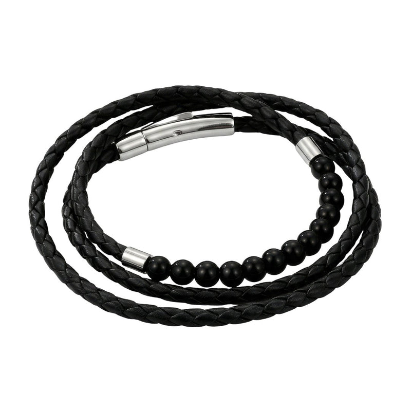 Bracelet triple rang cuir et pierres naturelle style rétro, acier inoxydable poli, accessoire masculin raffiné et distinctif, modèle Lancère