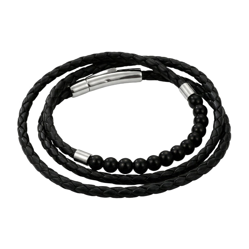 Bracelet triple rang cuir et pierres naturelle style rétro, acier inoxydable poli, accessoire masculin raffiné et distinctif, modèle Lancère
