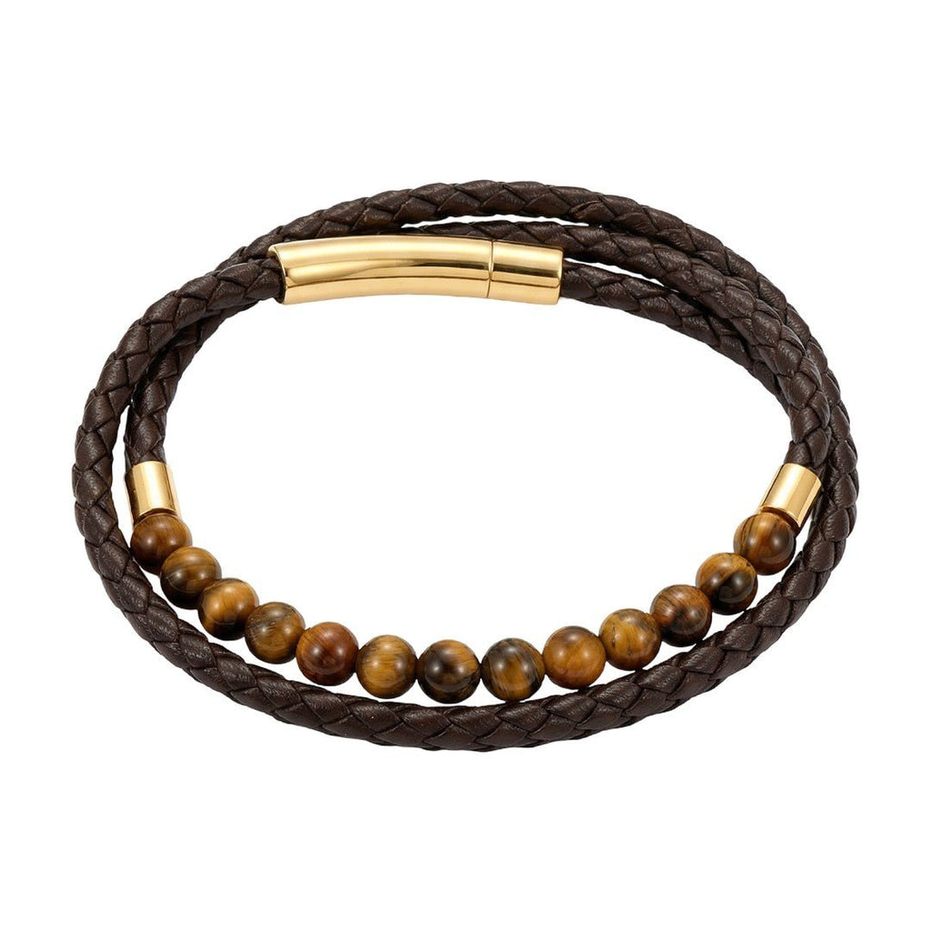 Bracelet triple rang cuir et pierres naturelle style rétro, acier inoxydable poli, accessoire masculin raffiné et distinctif, modèle Lancère