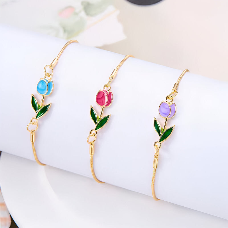 Bracelets fins en cuivre avec pendentifs tulipe colorés rose, rouge et violet, feuilles vertes émaillées.
