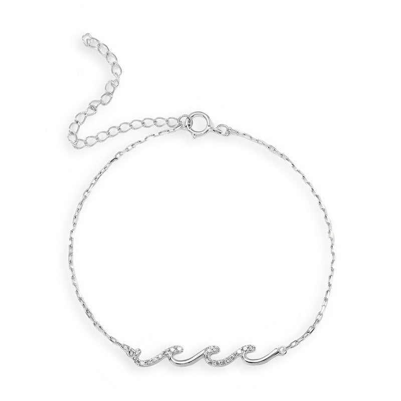 Bracelet fin argent sterling avec motif vagues scintillantes enchaînées pour femme.