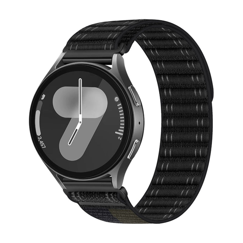 Bracelet velcro nylon noir compatible Huawei Watch avec texture tissée et fermoir ajustable.