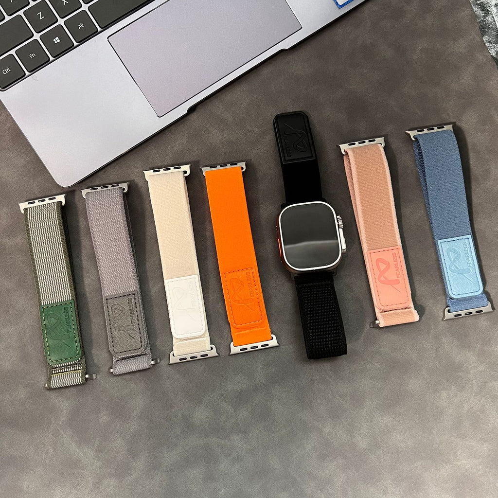 Bracelets velcro en nylon aux couleurs vert, gris, blanc, orange, noir, rose et bleu, pour Apple Watch, modèle Mercury.