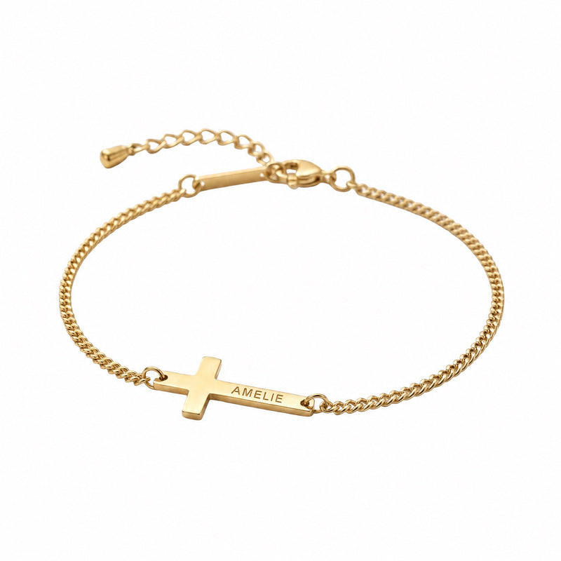 Bracelet croix gravable en acier inoxydable, chaîne fine ajustable, symbole personnel à porter chaque jour, modèle Shilore