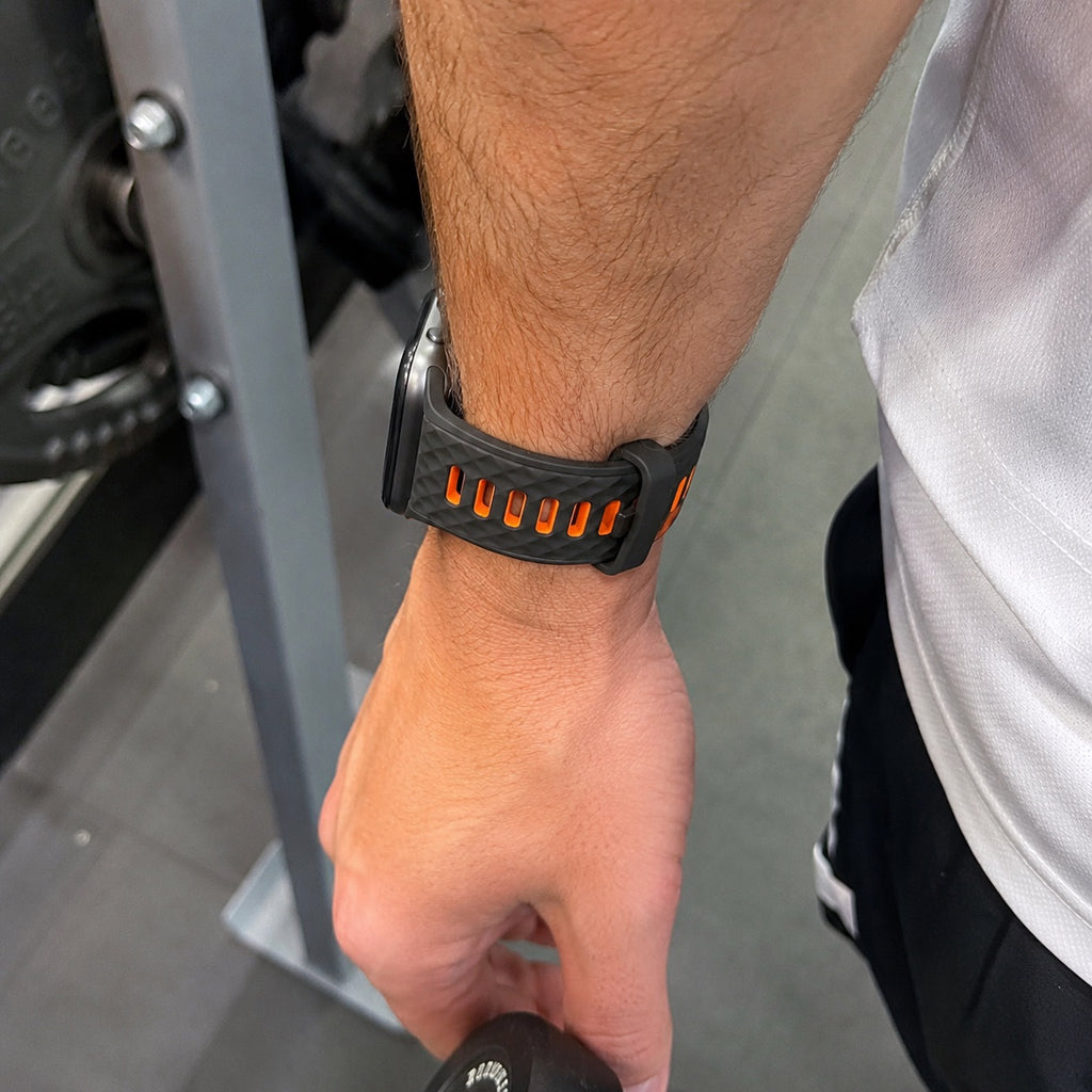 Bracelet silicone compatible Apple Watch, texture géométrique, boucle ardillon réglable, idéal sport, modèle Brush