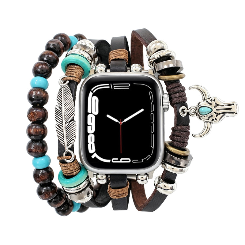 Bracelet pour Apple Watch, pendentifs plume et tête de buffle, plusieurs rangs, longueur ajustable, modèle Bufa