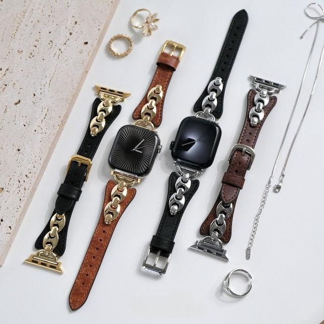 Bracelet Apple Watch maille marine, sangle fine ajustable avec ardillon, finitions dorées, argentées et noires, modèle Malsa