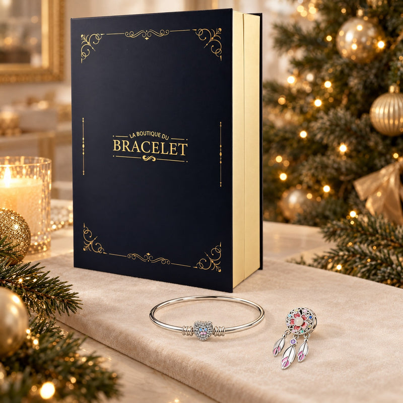 Calendrier marine et doré, bracelet à fermoir cœur et charm attrape-rêves