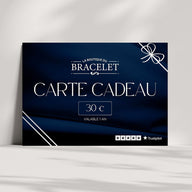 Carte cadeau bleu marine La Boutique du Bracelet 30 € avec motifs ruban blanc et logo élégant.