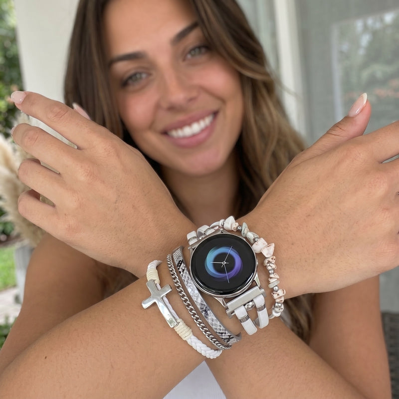 Bracelet Samsung Watch / Huawei Watch / Garmin Quick Release / Ice Watch pour montre connectée femme, avec pierres naturelles concassées, croix chrétienne, et maillons ajustables, en alliage métallique, modèle Cestine