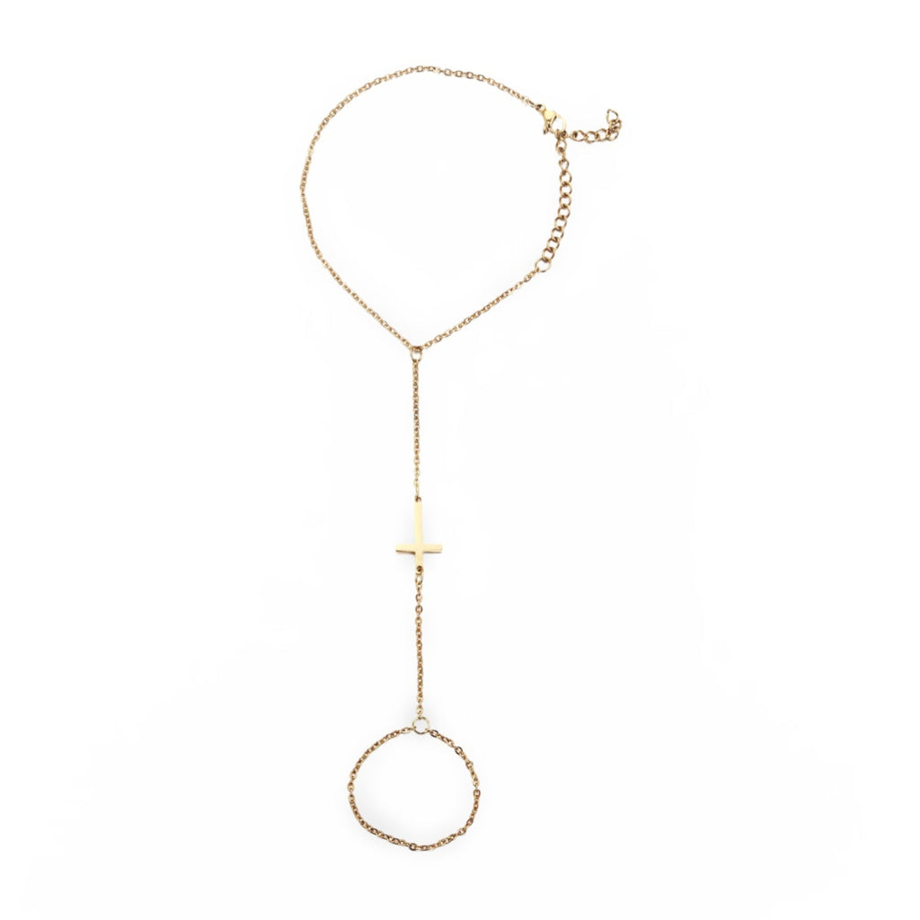 Bijou de main doré en acier inoxydable avec chaîne fine et croix chrétienne délicate.