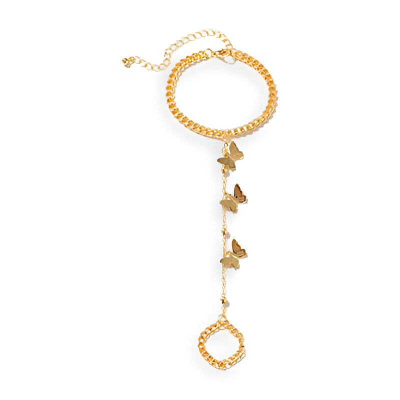 Bracelet de main doré en acier inoxydable avec motif papillons et anneau ajustable.