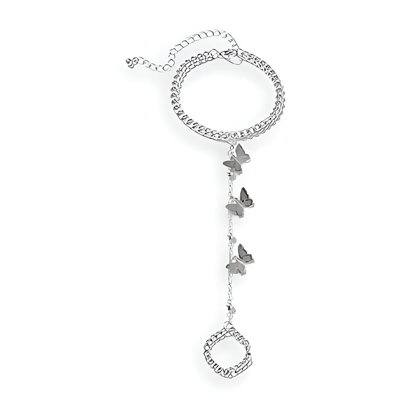 Bijou de main en acier inoxydable argenté avec chaîne, papillons et anneau ajustable.