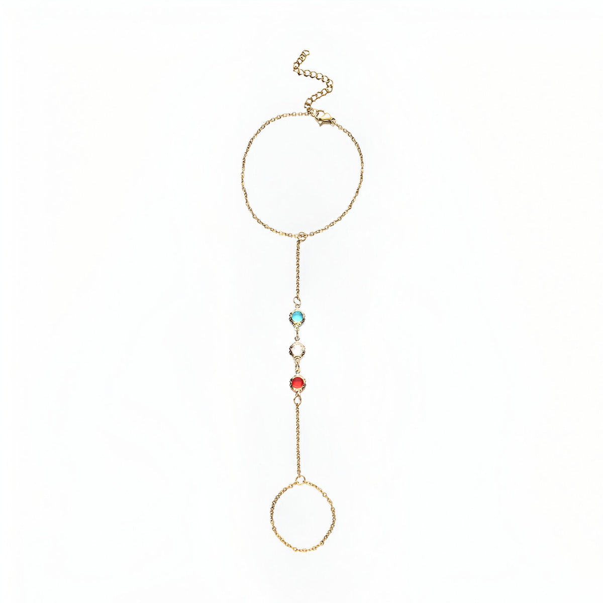 Bijou de main en acier doré avec chaîne fine et pierres zircon multicolores, modèle Rachka.
