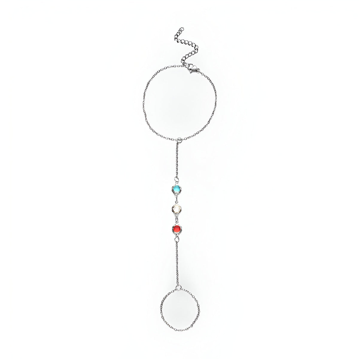 Bracelet chaîne de doigt en acier inoxydable argenté avec pierres zircon multicolores fines.