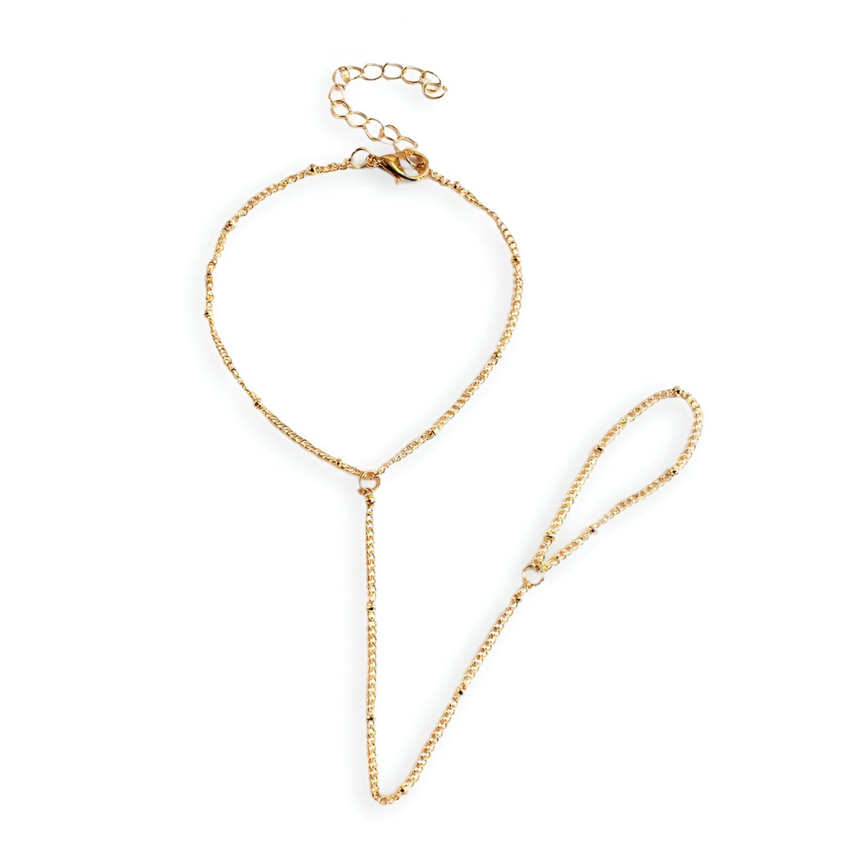 Bijou de main en acier inoxydable doré, bracelet chaîne fine reliant poignet et doigt, style minimaliste.