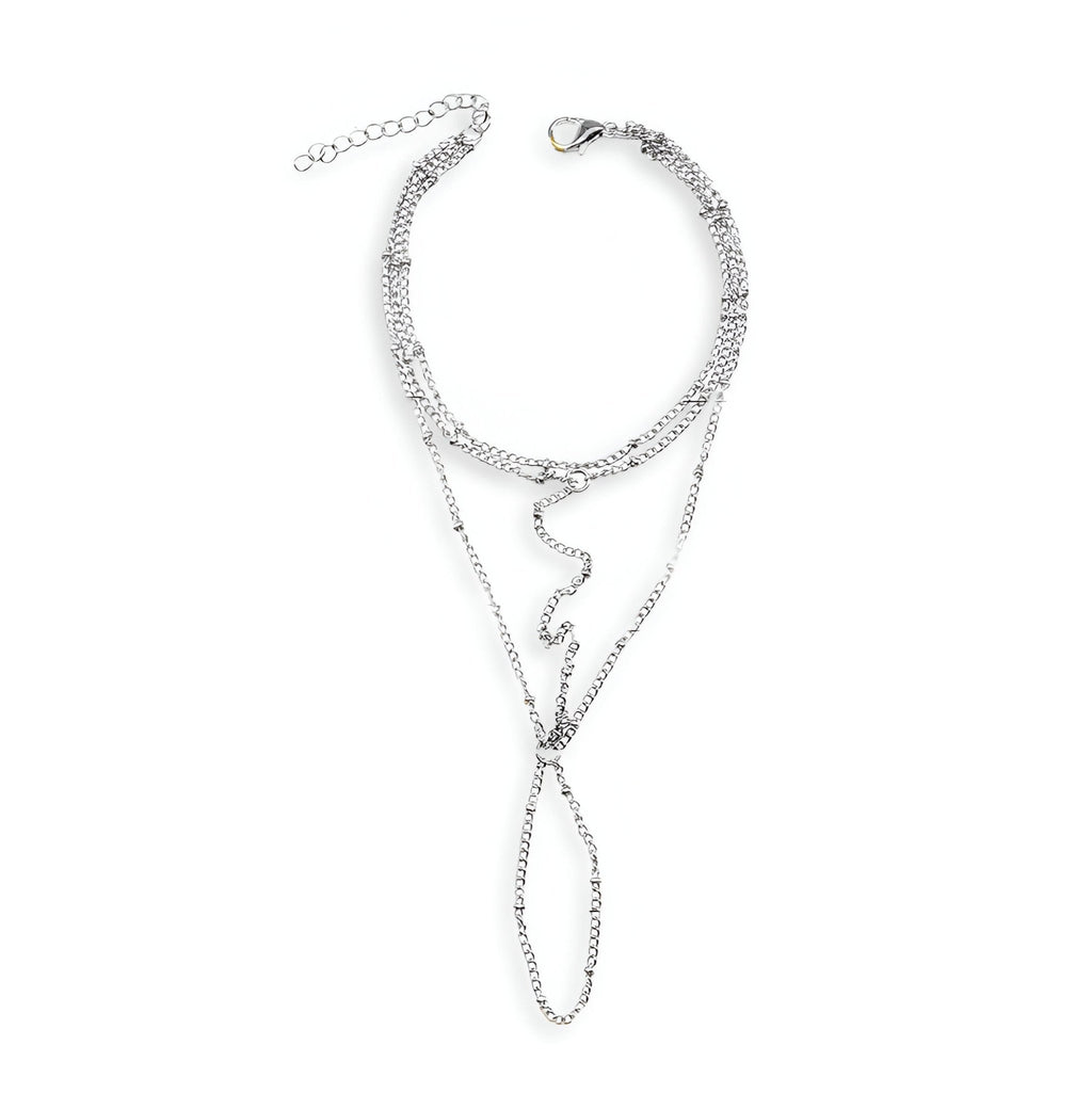 Bijou de main multi-rangs en acier inoxydable argenté avec chaînette serpent et anneau finger chain.