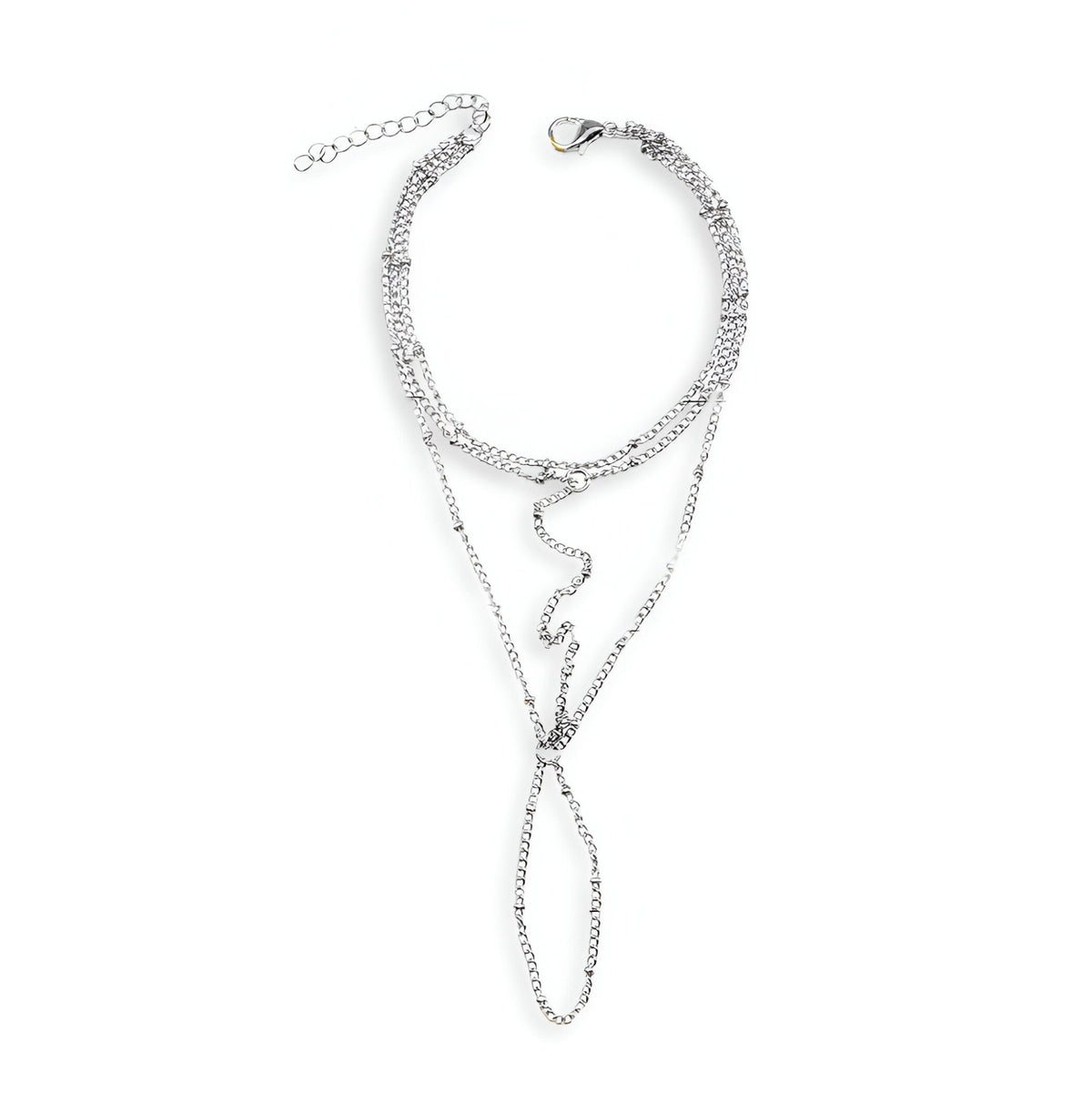 Bijou de main multi-rangs en acier inoxydable argenté avec chaînette serpent et anneau finger chain.