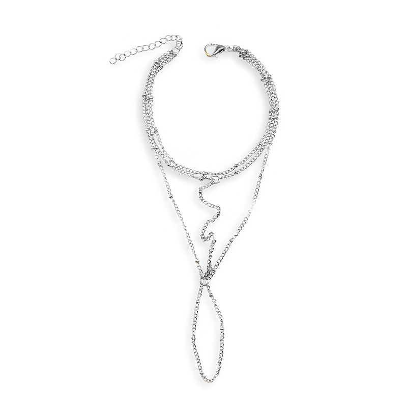 Bijou de main multi-rangs en acier inoxydable argenté avec chaînette serpent et anneau finger chain.