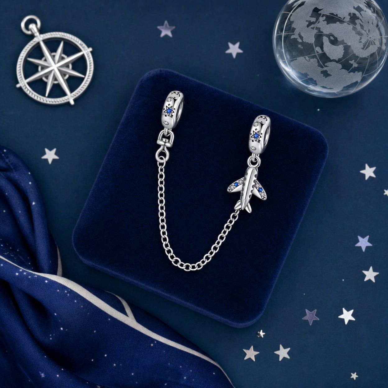 Safety chain, star-shaped airplane and blue zircons, for women, Skyguard model