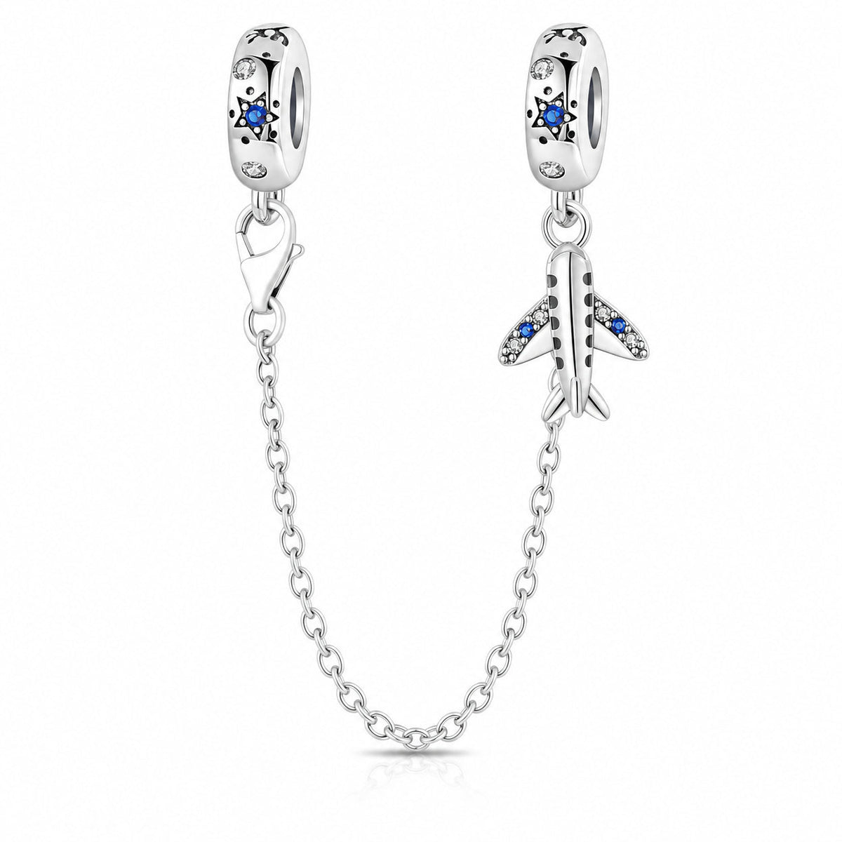 Veiligheidsketting, vliegtuig met sterren en blauwe zirkonia, voor dames, model Skyguard