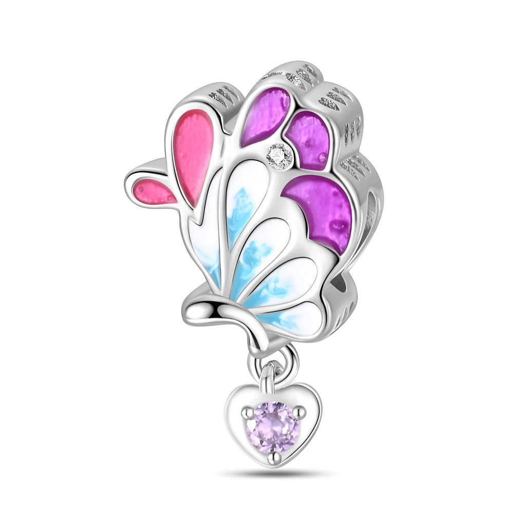 Charm argenté aile de papillon avec émail rose, violet et bleu, pendentif cœur violet clair suspendu.